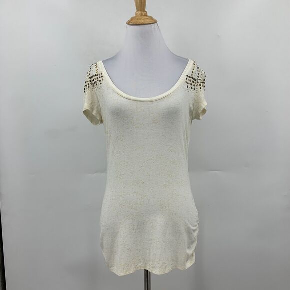 Cache Blouse Women S Small Ivory Gold Studded Embellished Scoop Neck Ruched Side - Picture 2 of 11